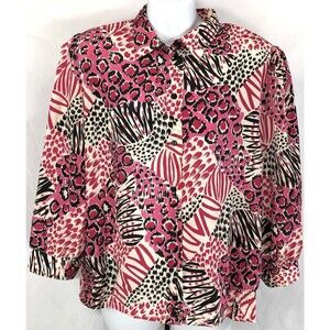 Vintage silky flowy Top 44 L zebra Pink Blk ButtonUp Collar 90s Career Glam Chic